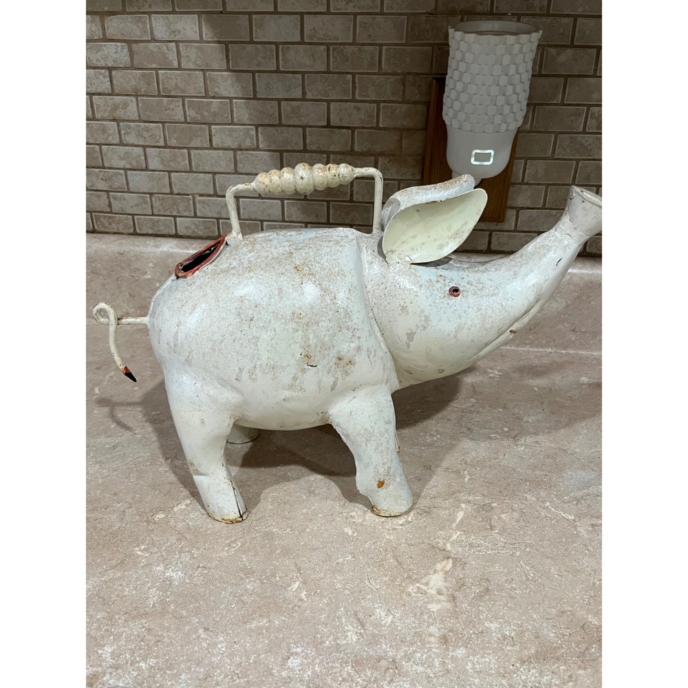 Vintage Rustic Metal Pig Watering Can White Distressed Farmhouse Garden Decor